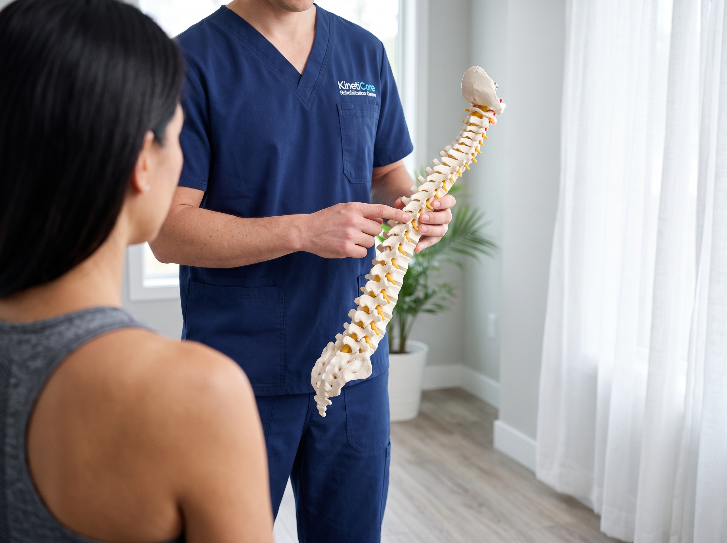 Chiropractor holding a spine model behind a patient