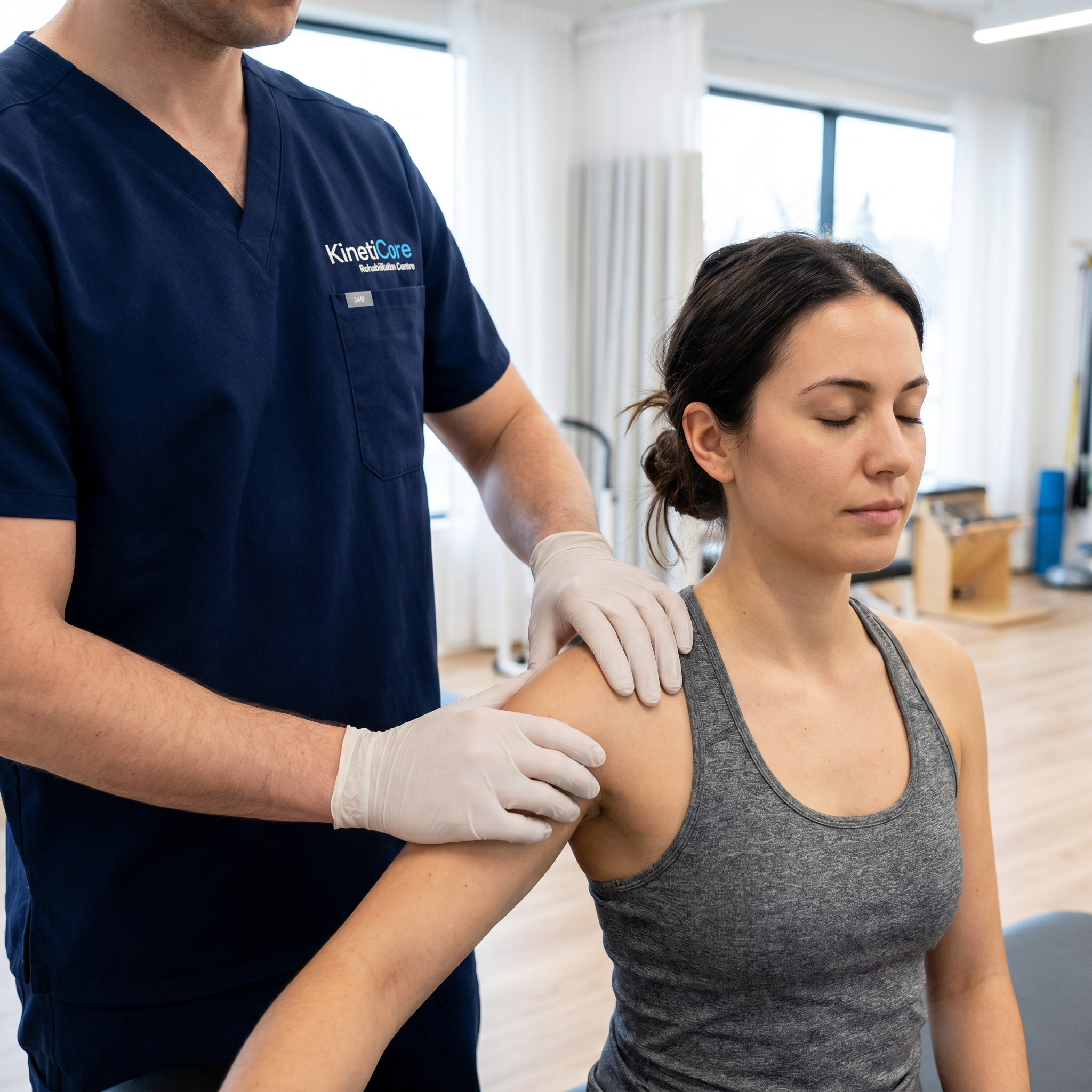 Therapist stretching a patient's raised arm