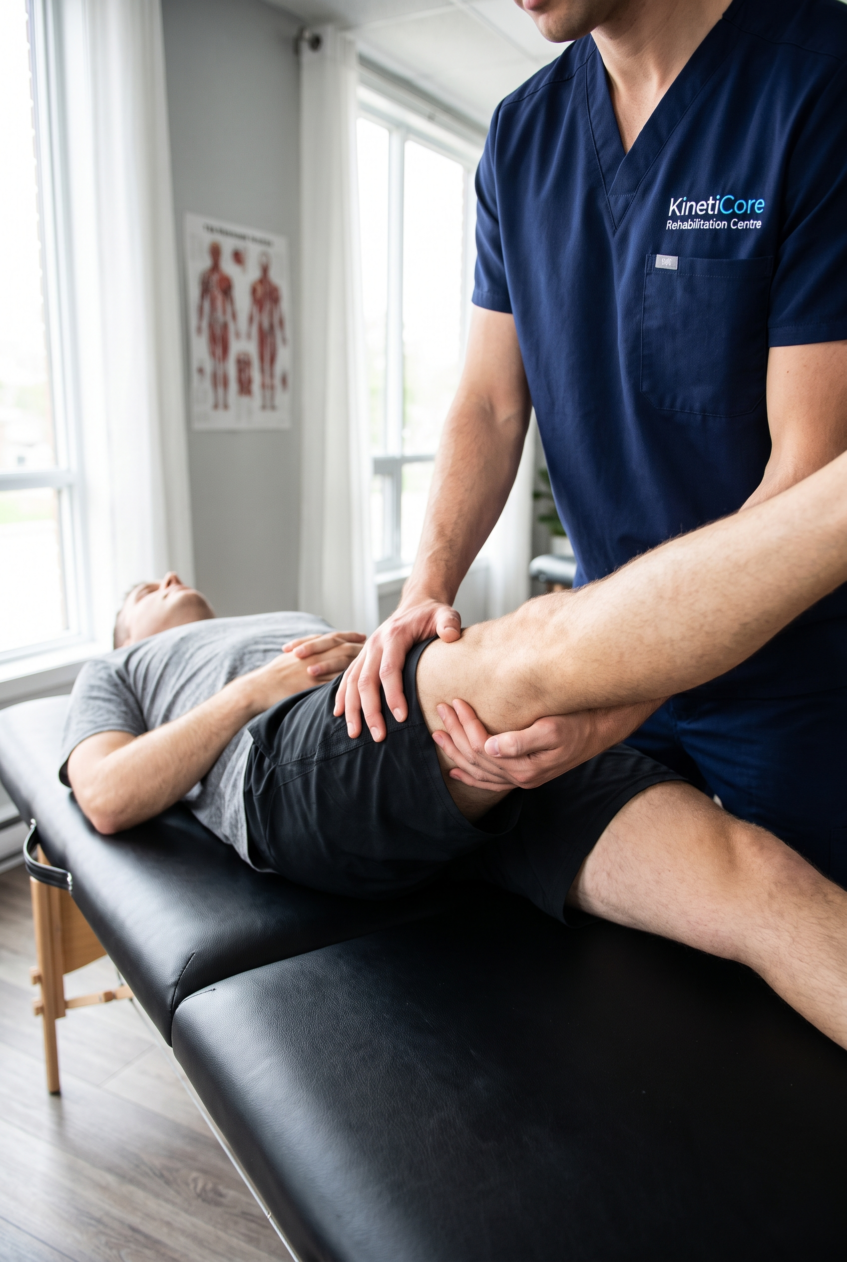 Therapist treating a seated patient's shoulder